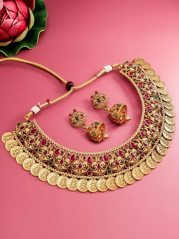 Aadita Gold-Polished Green & Pink Stone-Studded & Pearl Beaded Jewellery Set