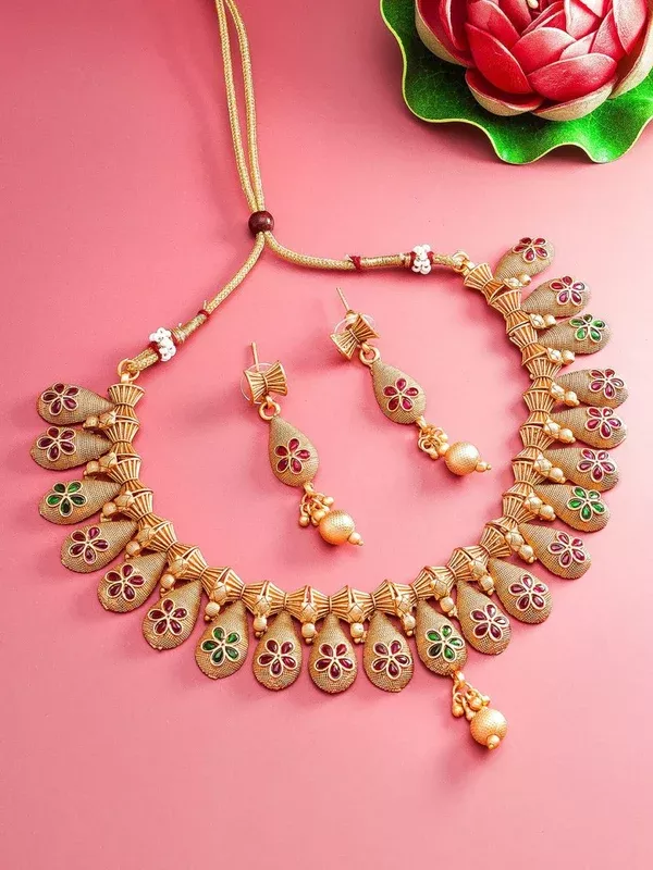 Aadita Gold-Polished Temple Choker Ruby Jewellery Set
