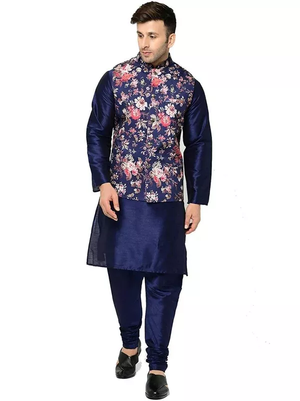 ABH Lifestyle Men's Silk Navy Blue Kurta Pyjama & Printed Nehru Jacket - 38