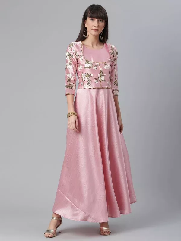 Ahalyaa Art Silk Pink Solid Kurta With Attached Floral Print Jacket - XS