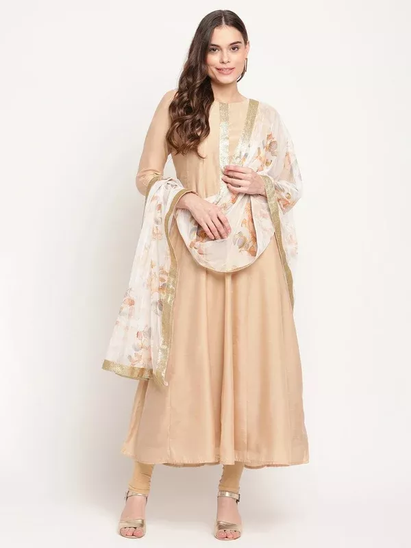 Ahalyaa Beige & Off-White Beautiful Anarkali Kurta with Dupatta - XS