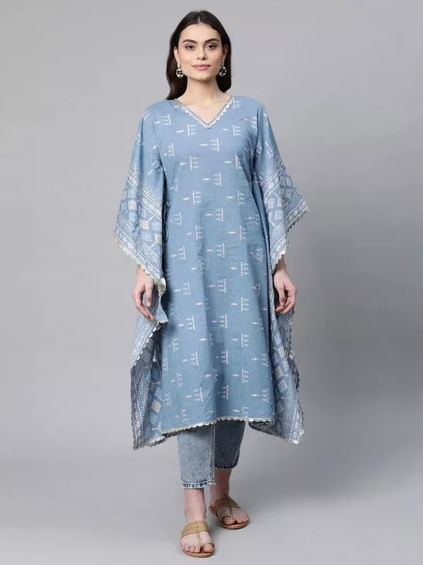 Ahalyaa Beige Pure Cotton Floral Printed Kaftan Kurta - S
