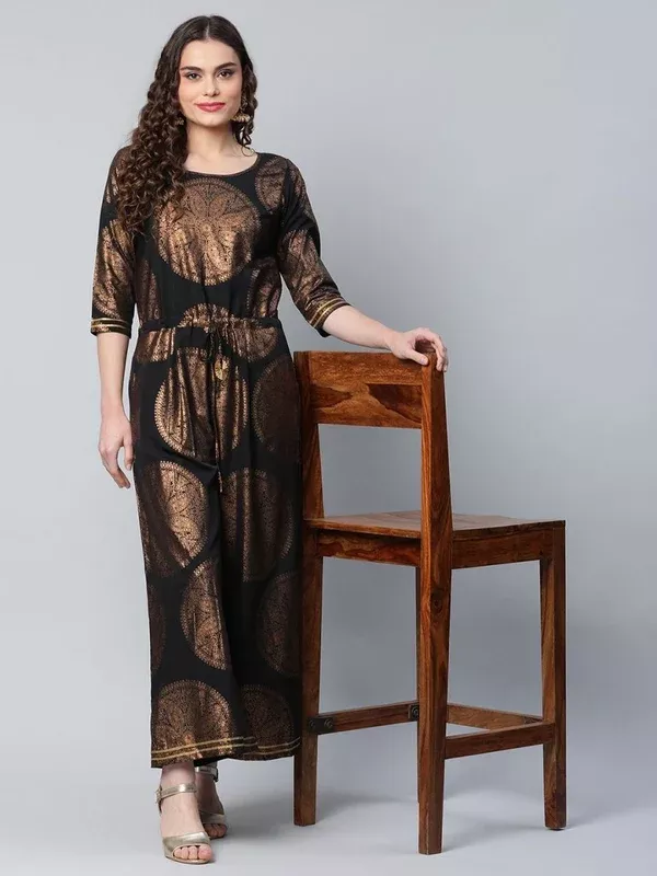 Ahalyaa Black Crepe Copper Foil Printed Jumpsuit - XS