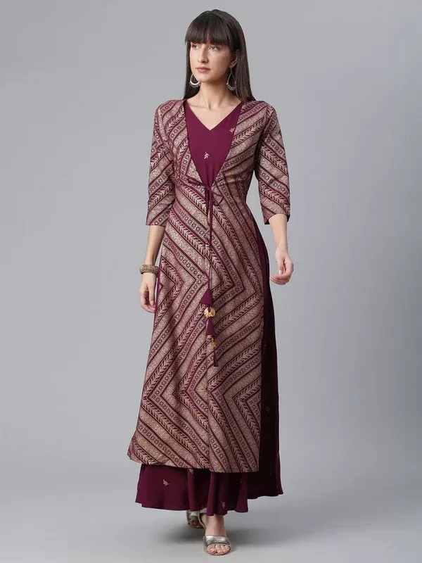 Ahalyaa Crepe Wine Glitter Print Kurta With Jacket - XS