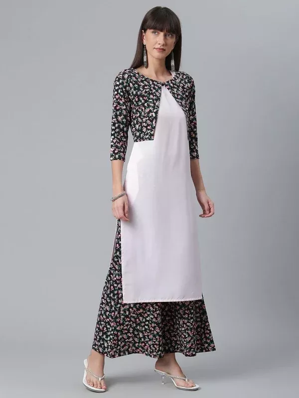 Ahalyaa Light Pink Crepe Solid Kurta And Palazzo Set With Jacket - XS