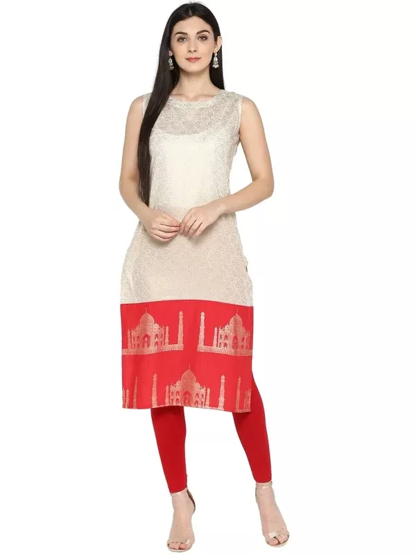 Ahalyaa Off White & Red Metallic Printed Straight Cotton Blend Kurta - XS