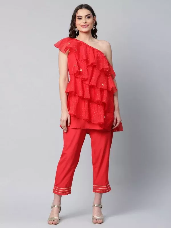 Ahalyaa Red Printed Layered Top with Trousers - S