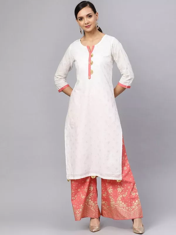 Ahalyaa White and Gold Printed Straight Kurta Set - XS