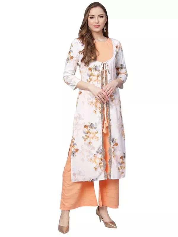 Ahalyaa White & Peach Floral Jacket Style Kurta With Plazzo - XS