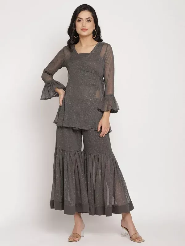 Ahalyaa Women Charcoal Grey Poly Chiffon Angrakha Kurta with Inner & Sharara - XS