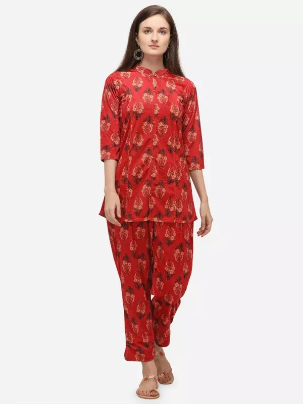 Ahalyaa Women Red Printed Velvet Kurti with Pyjamas - XS