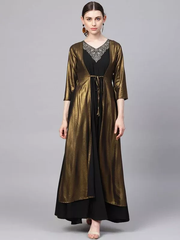 Ahalyaa Women's Black Crepe Dress with Attached Jacket - XS