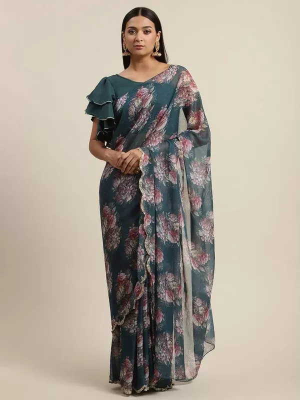 Ahalyaa Women's Green Chiffon Digital Print Floral Saree - One Size