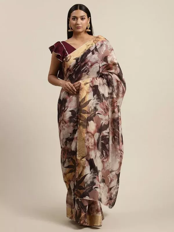 Ahalyaa Women's Multi Color Chanderi Digital Print Floral Saree - One Size