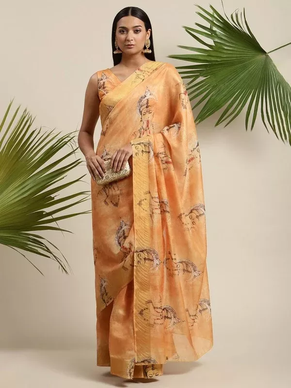 Ahalyaa Women's Orange Chanderi Digital Printed Saree - One Size
