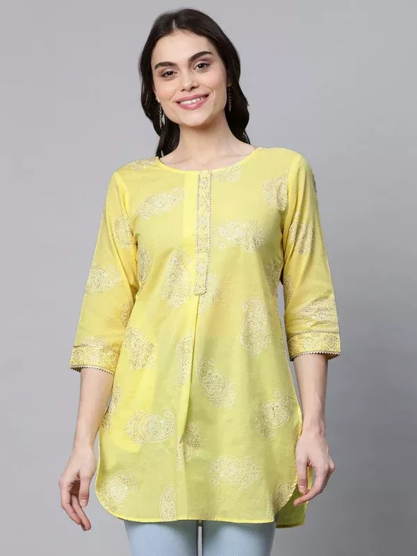 Ahalyaa Women Yellow Pure Cotton Glitter Print Tunic - S
