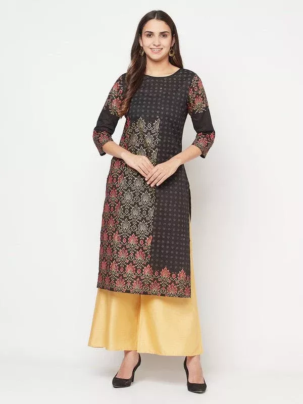Aniyah Black Color Cotton Block Print Straight Kurta - S