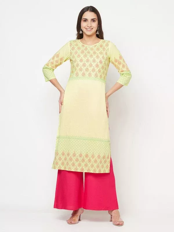 Aniyah Cotton Block Print Lemon Yellow Straight Kurta - S