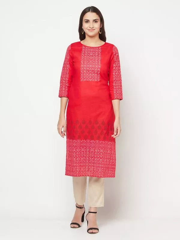 Aniyah Cotton Block Print Red Straight Kurta - S