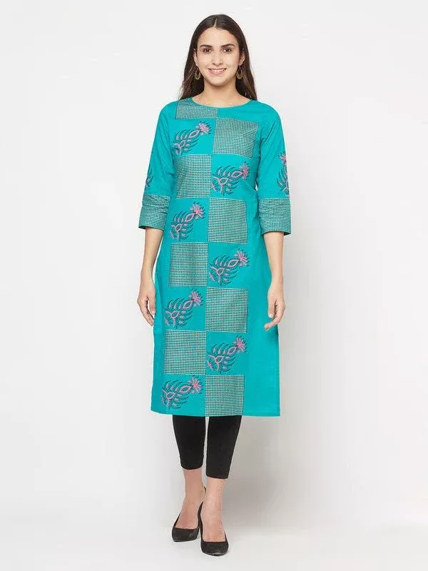 Aniyah Cotton Block Print Turquoise Straight Kurta - S