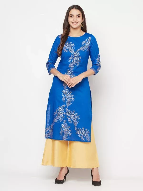 Aniyah Cotton Foil Print Royal Blue Straight Kurta - S