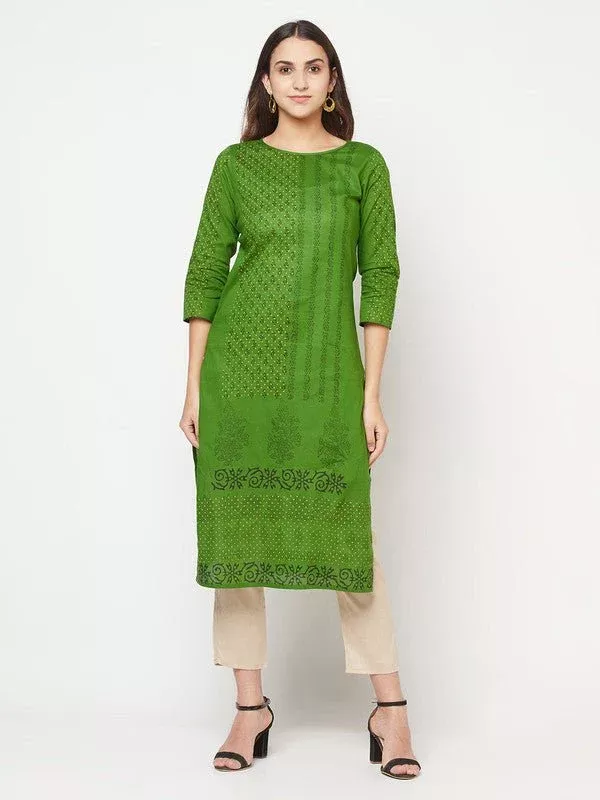 Aniyah Green Cotton Block print straight kurta - S