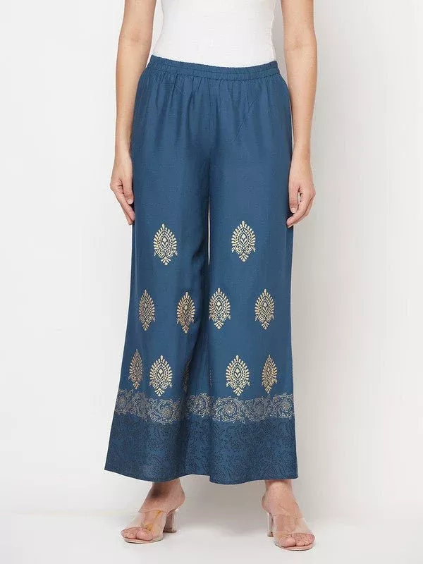 Aniyah Rayon Block Print Flared Slip-on Blue Palazzo - S