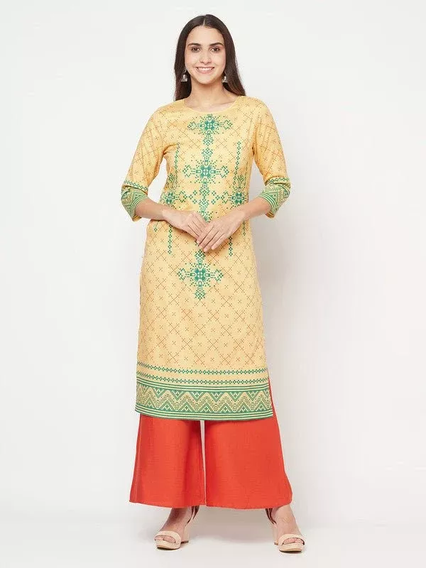Aniyah Rayon Digital Screen Print Golden Beige Straight Kurta - S