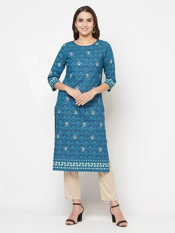 Aniyah Rayon Digital Screen Printed Blue Color Straight Kurta - S