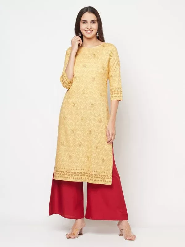 Aniyah Rayon Digital Screen Printed Golden Beige Straight Kurta - S