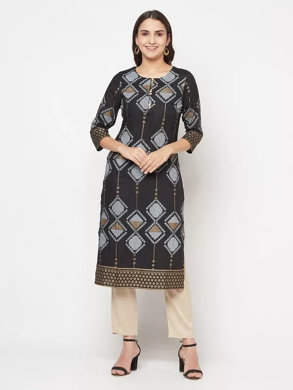 Aniyah Rayon Screen Print Black Straight Kurta - S