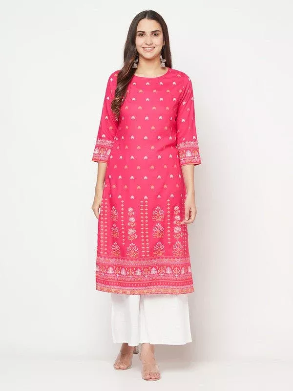 Aniyah Rayon Screen Print Fuchsia Straight Kurta - S