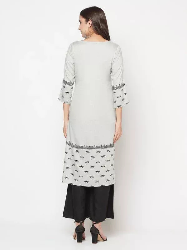 Aniyah Rayon Screen Print Light Grey Straight Kurta - S