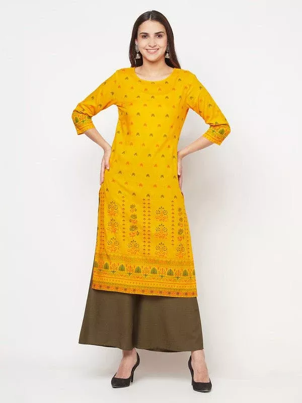 Aniyah Rayon Screen Print Mustard Straight Kurta - S