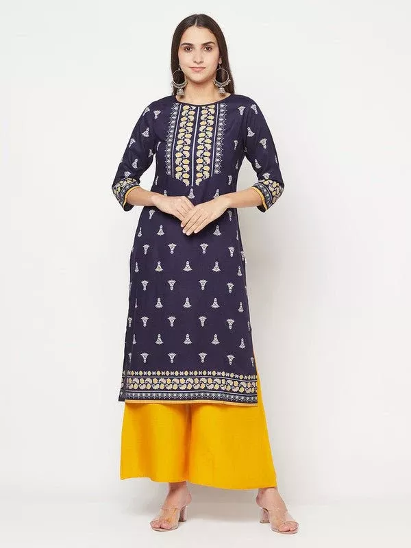 Aniyah Rayon Screen Print Navy Blue Straight Kurta - S