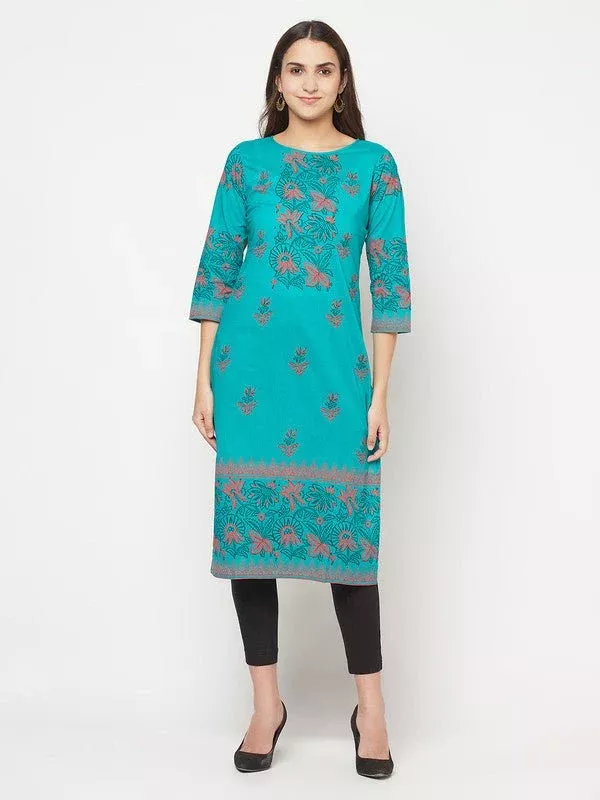 Aniyah Turquoise Cotton Block Print Straight Kurta - S