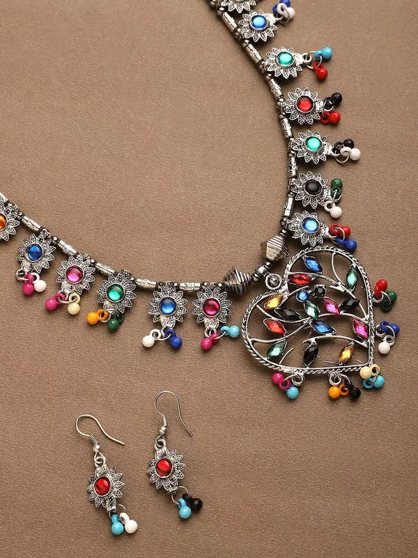 Cardinal Multi-Colored Heart Oxidised Long Jewellery Set