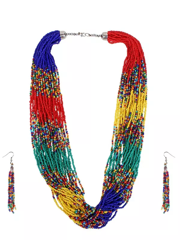 Cardinal Red & Green Beaded Multistring Necklace & Earrings Set