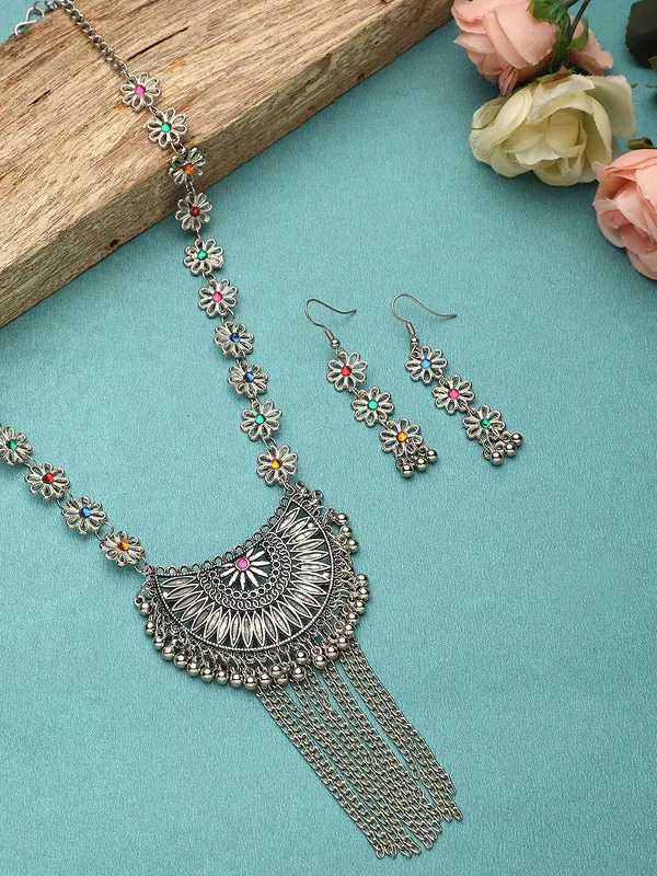 Cardinal Women Silver-Toned Pink & Yellow Stone Studded Jewellery Set