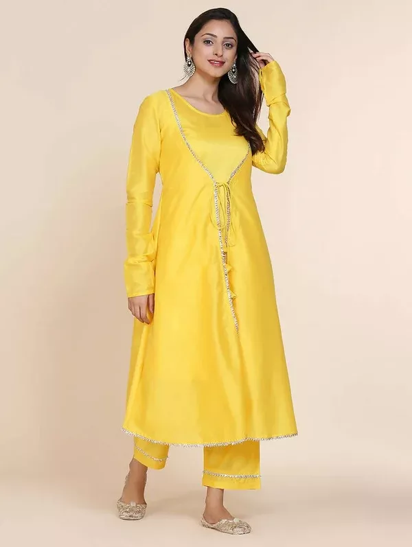 Cheera Women's Yellow Silk Blend With Gota Work Double Layer Dress With Silk Straight Pant Set - XS-36