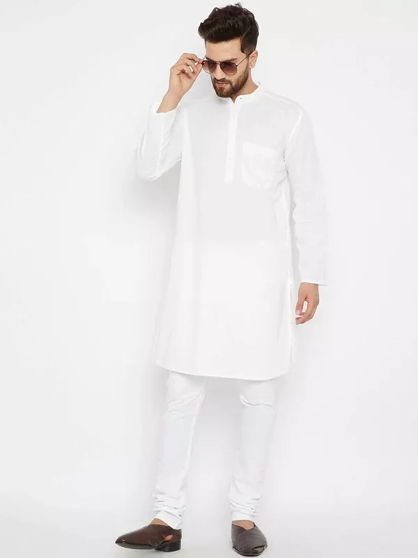 Even Apparels Band Collar White Pure Cotton Men's Kurta - XS