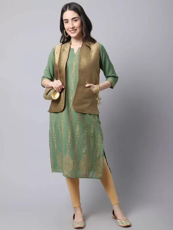Even Apparels Beige Bansari Silk Open Front Women's Gillet - S