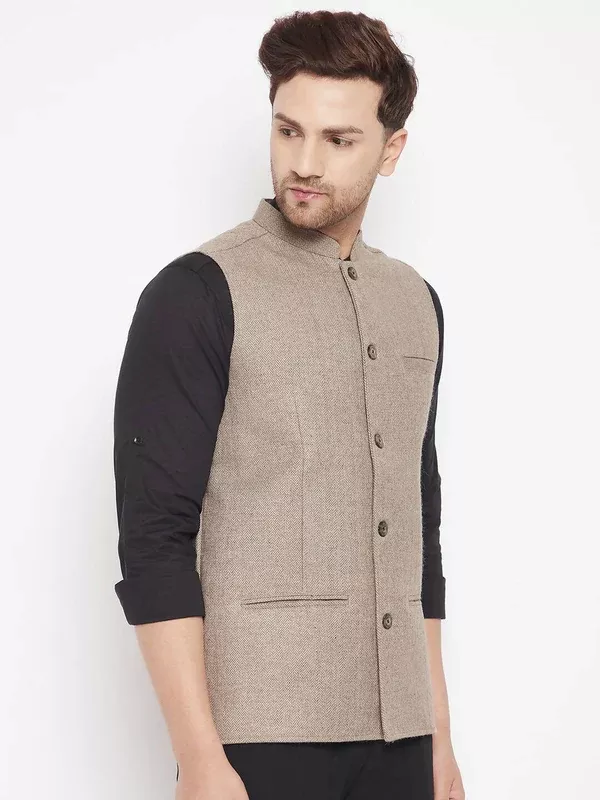 Even Apparels Beige Wool Men Woven Nehru Jacket - XS