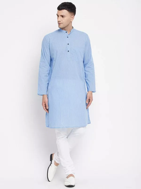 Even Apparels Blue Pure Cotton Men's Kurta With Band Collar - XS