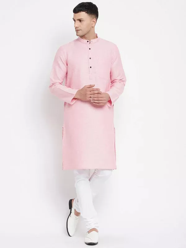 Even Apparels Pink Pure Cotton Men's Kurta With Band Collar - XS