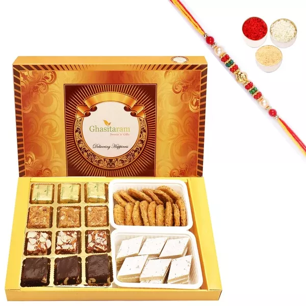 Ghasitaram Assorted Bites, Kaju Katli and Methi Mathi With Pearl Beads Rakhi - Combo