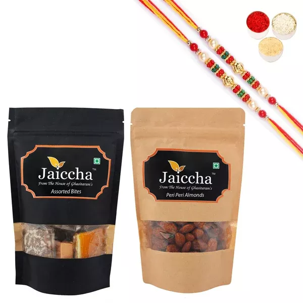 Ghasitaram Assorted Bites, Peri Peri Almonds With 2 Pearl Beads Rakhis - Combo (100 gm)