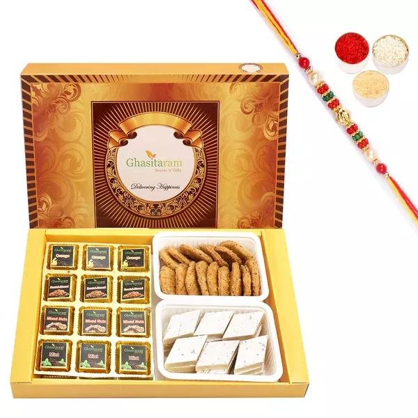 Ghasitaram Assorted Chocolates, Kaju Katli and Methi Mathi With Pearl Beads Rakhi - Combo
