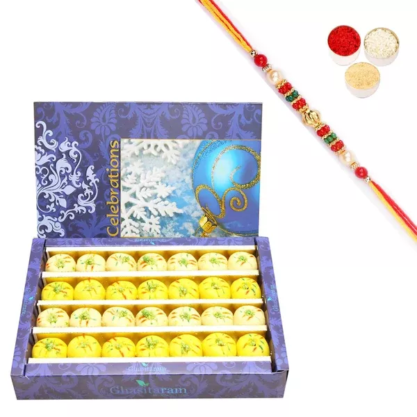 Ghasitaram Assorted Mewa bite Box With Pearl Beads Rakhi - 360 gm