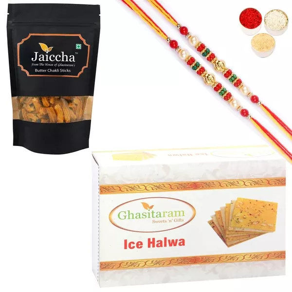 Ghasitaram Ice halwa and Butter Chakli Sticks With 2 Pearl Beads Rakhis - Combo